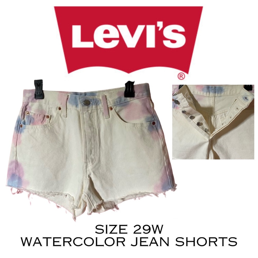 NEW LEVI’S White And Watercolor Pink/Blue/Purple 501® Jean Shorts Size W29 - Picture 1 of 15